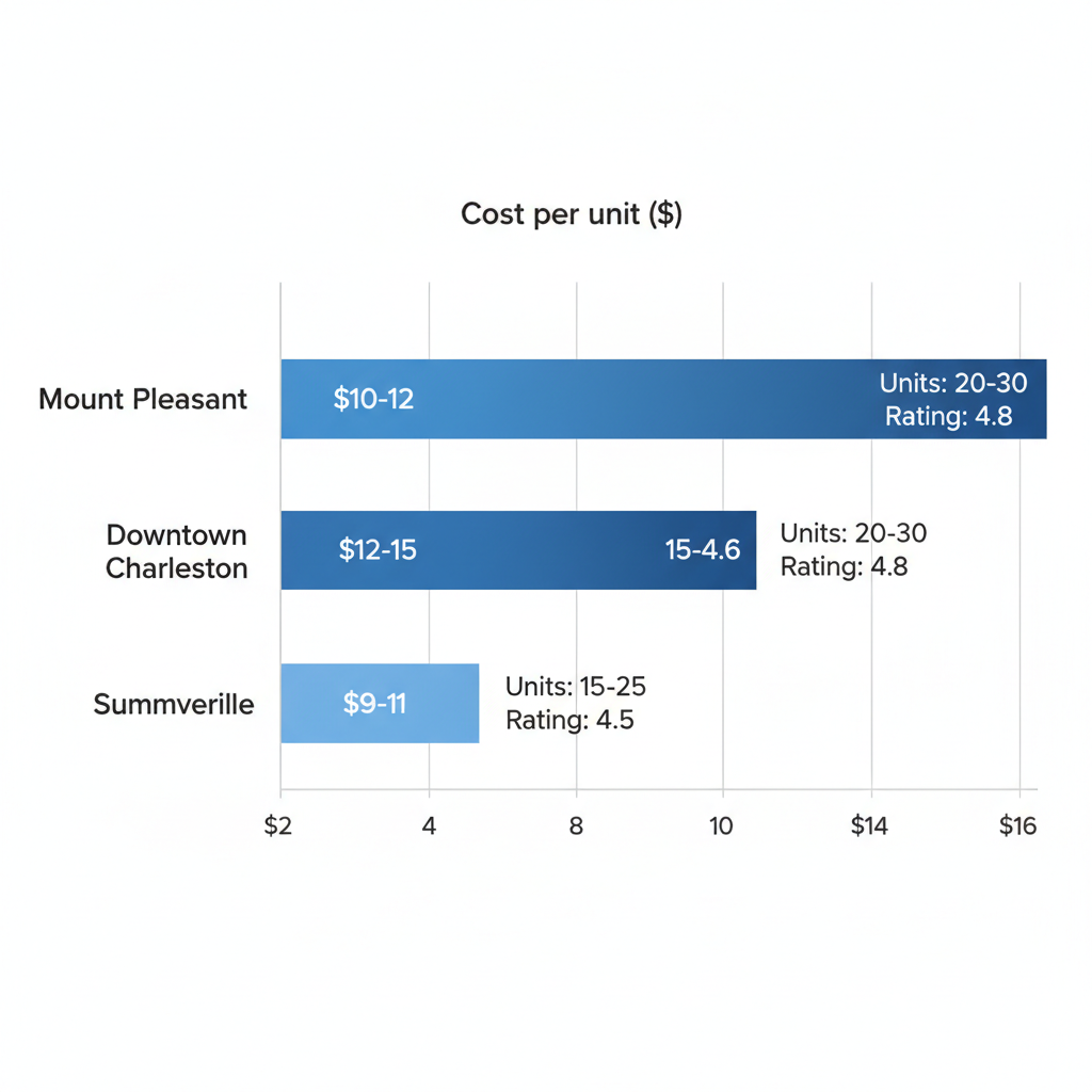 Horizontal bar chart comparing average Botox costs per unit, units per session, and ratings across Mount Pleasant, Downtown Charleston, and Summerville neighborhoods in Charleston.