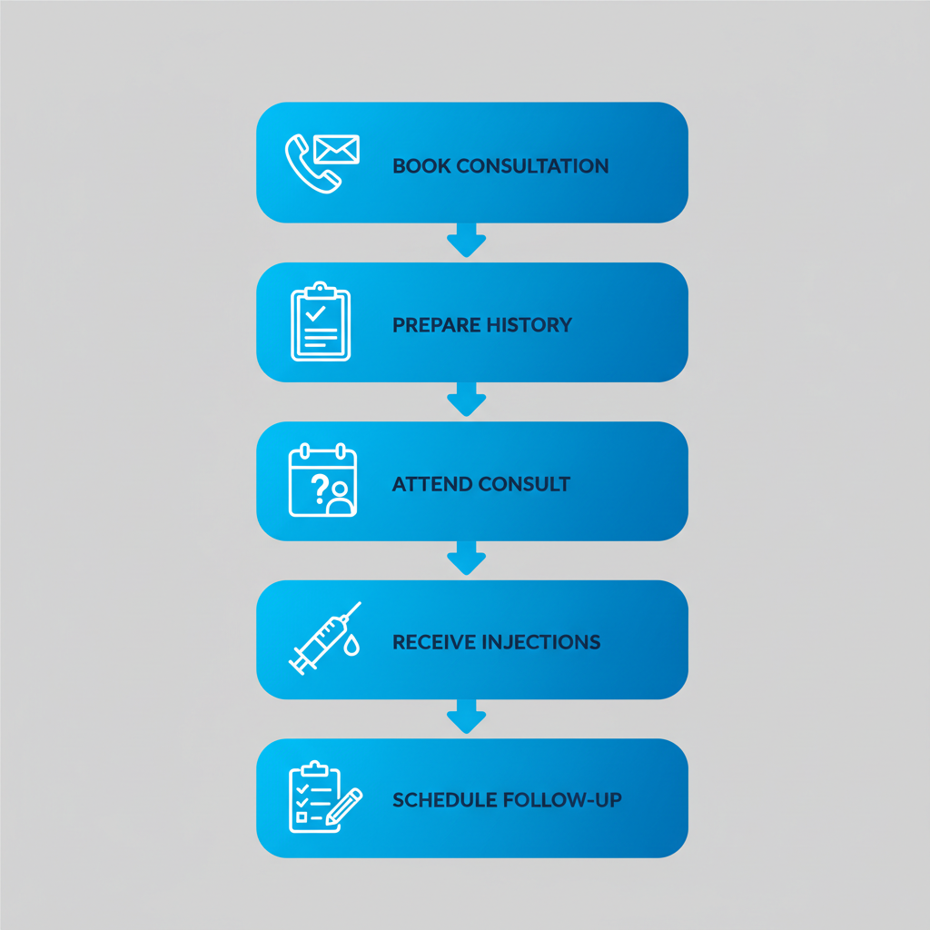 Vertical process flow diagram showing five steps to start Botox treatments: booking consultation, preparing concerns, attending consult, receiving injections, and scheduling follow-up, with icons and minimal labels.