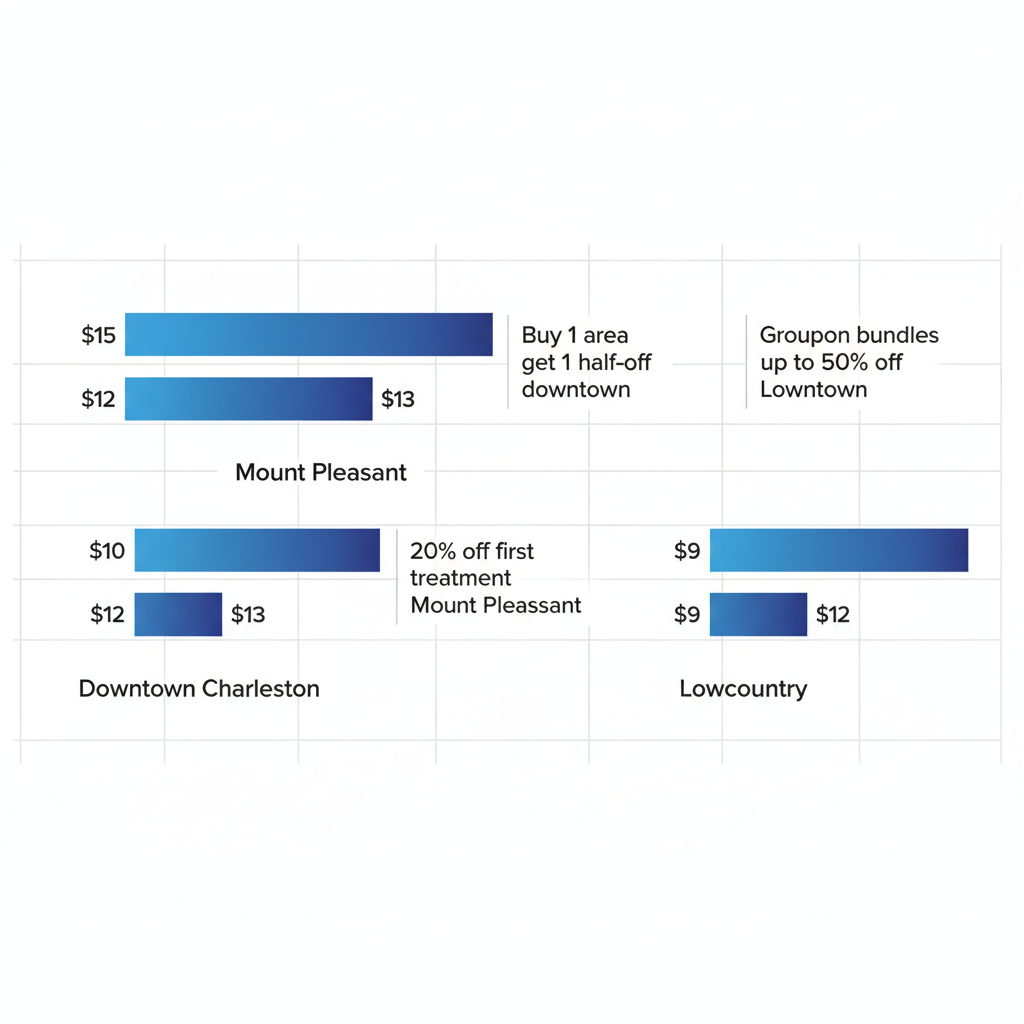 Bar chart comparing average Botox costs per unit and specials across Charleston metro areas: Downtown Charleston, Mount Pleasant, and Lowcountry.