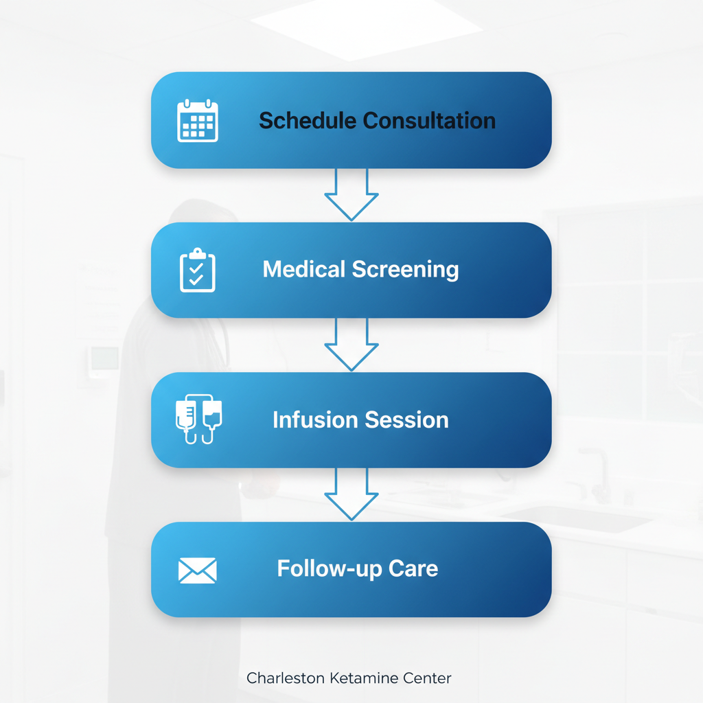 Process flow diagram illustrating the four steps to begin IV therapy at Charleston Ketamine Center: scheduling a consultation, medical screening, attending an infusion session, and follow-up care.