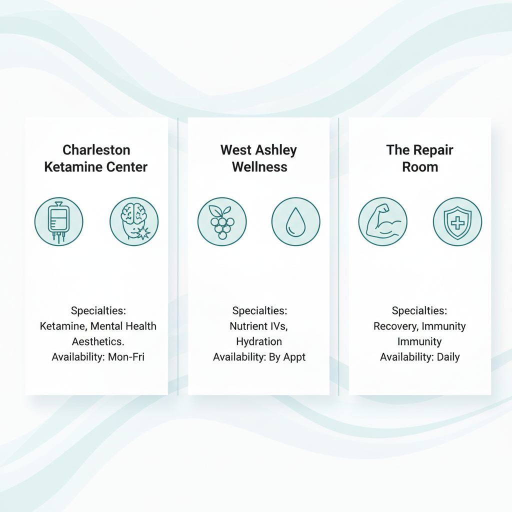 Infographic comparing three IV therapy providers in the Charleston area with icons and key details.