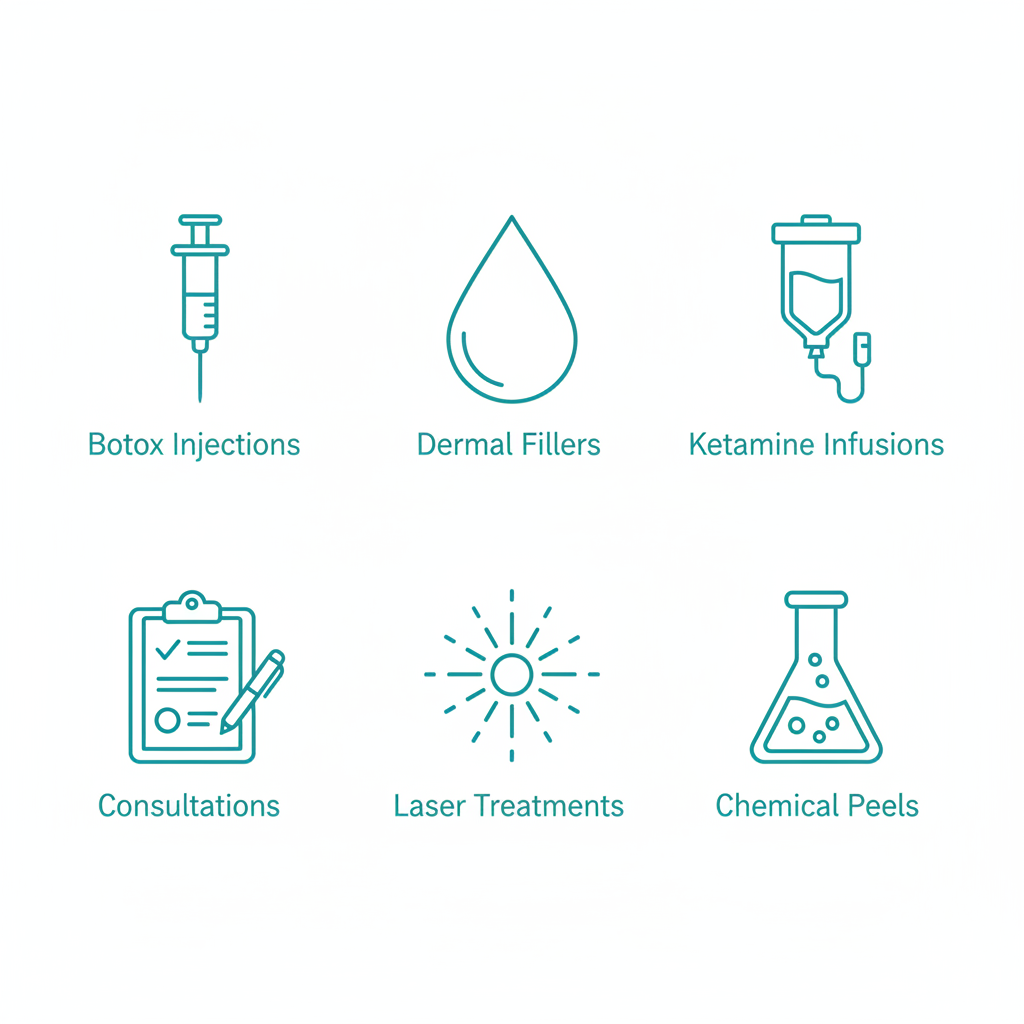 Set of icons depicting med spa services in Charleston including Botox, dermal fillers, ketamine infusions, consultations, laser treatments, and chemical peels.