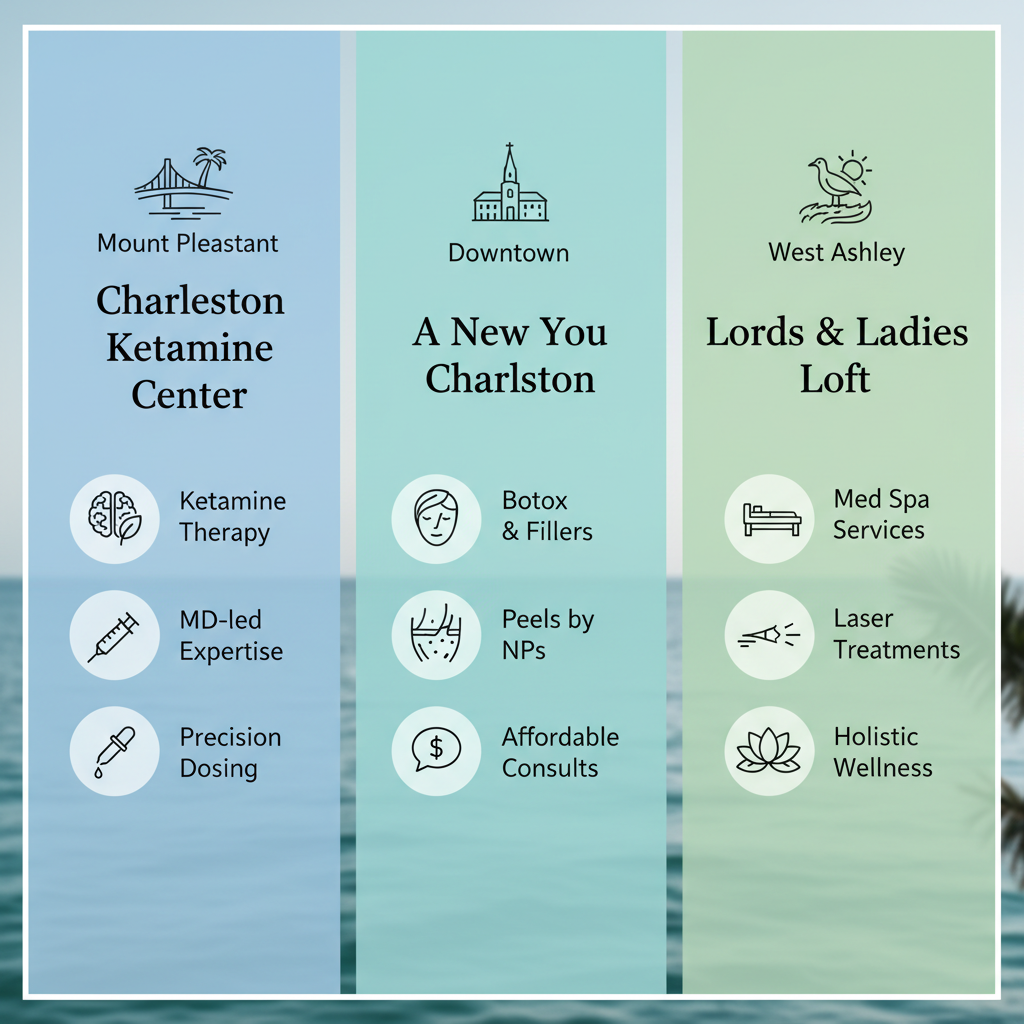 Infographic comparison of top med spas in Charleston featuring Charleston Ketamine Center, A New You Charleston, and Lords & Ladies Loft with key services and locations