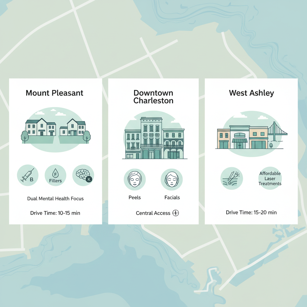 Infographic comparing key med spa areas in Charleston SC including Mount Pleasant Downtown and West Ashley with services accessibility metrics and unique features
