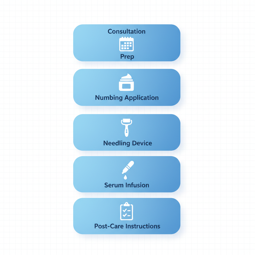 Vertical process flow diagram of five stages in microneedling procedure at a Charleston clinic