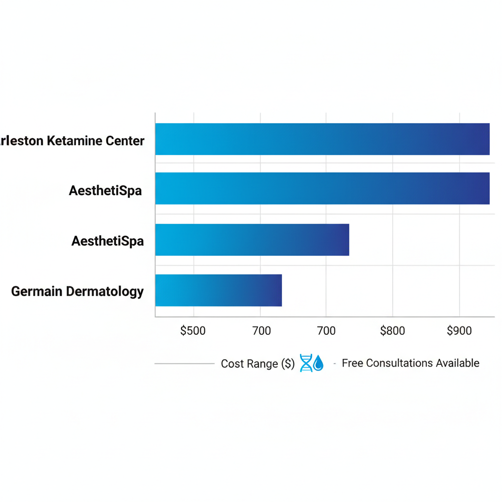 Horizontal bar chart comparing average cost ranges for dermal filler services from three providers in Mount Pleasant: Charleston Ketamine Center $500-800, AesthetiSpa $600-900, Germain Dermatology $550-850, with filler type icons and consultation notes.