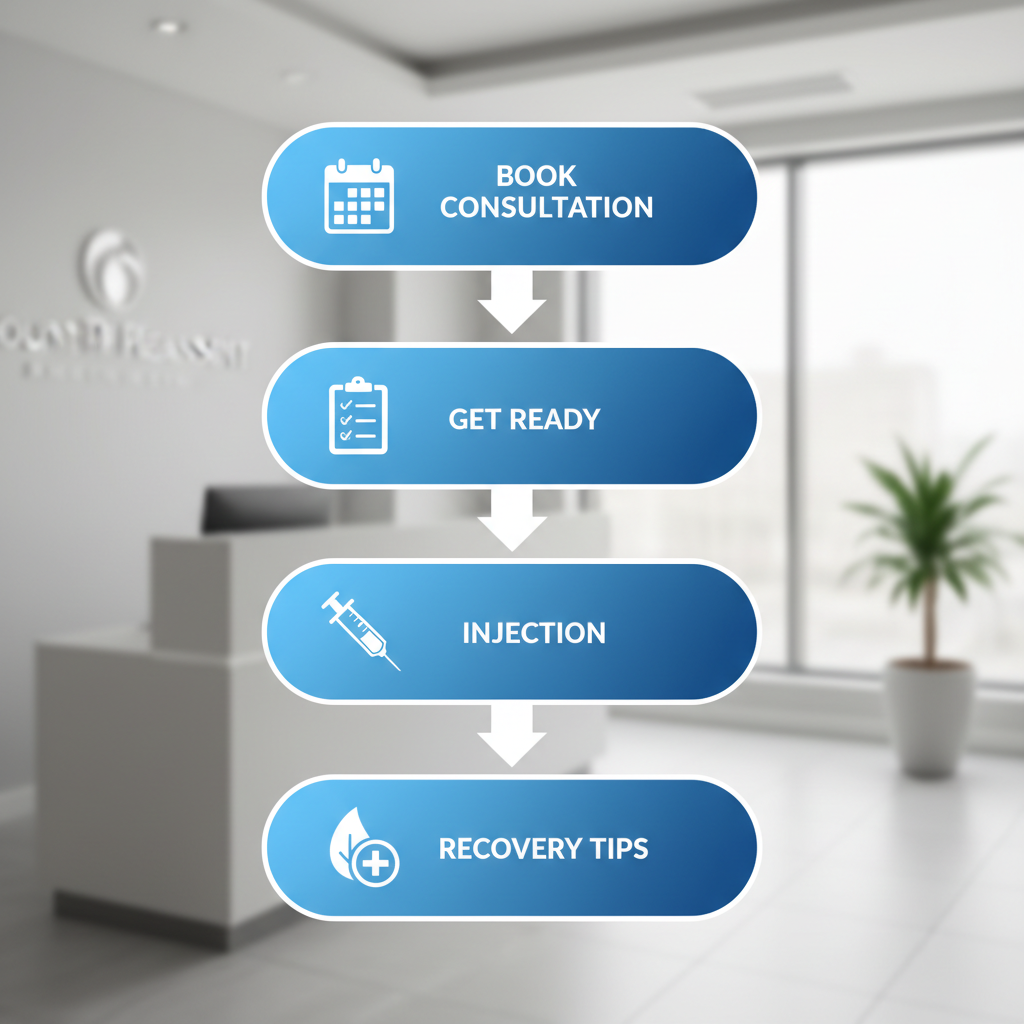Vertical process flow illustrating the steps to get started with lip injections: booking consultation, preparation, procedure, and aftercare at a medical clinic.