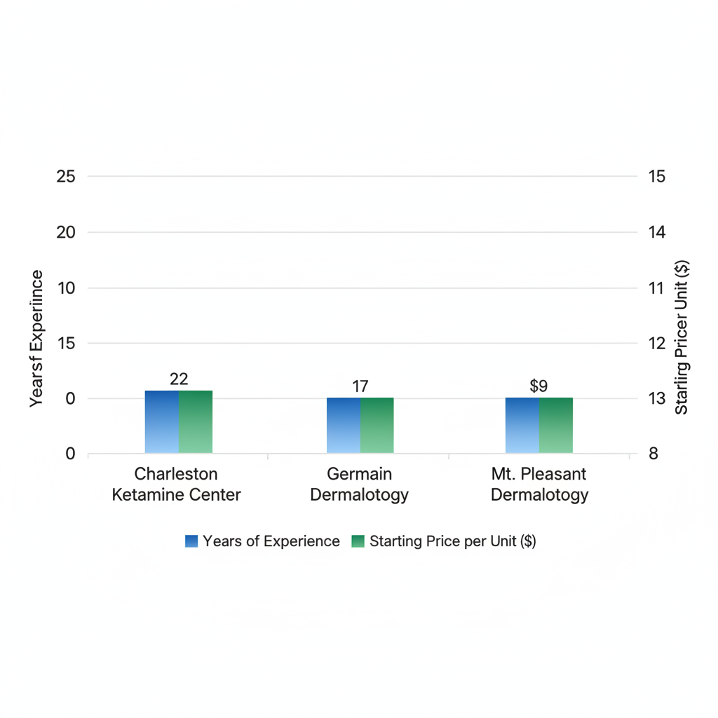 Horizontal bar chart comparing Botox providers by years of experience and starting price per unit in Mount Pleasant and Charleston areas