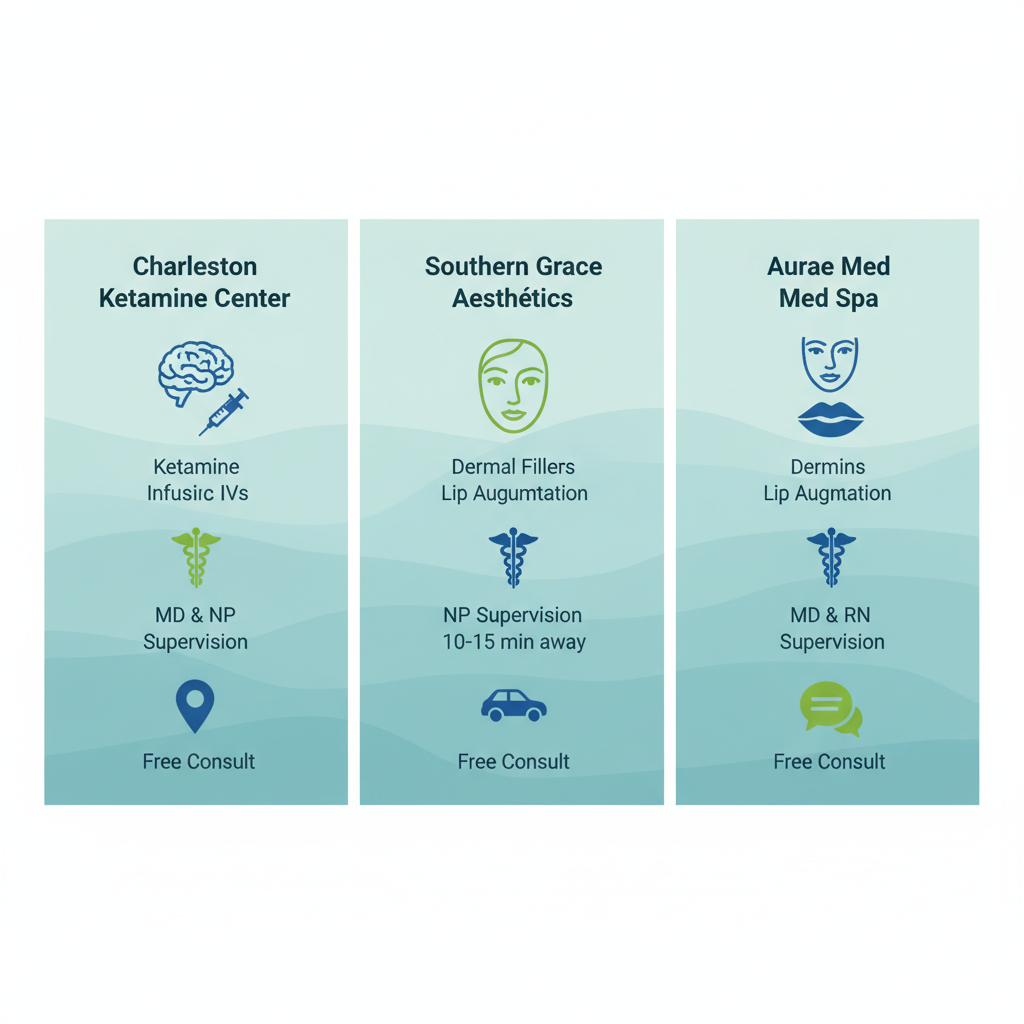 Infographic comparing aesthetic service providers in Mount Pleasant, South Carolina, highlighting fillers, supervision, locations, and consultations