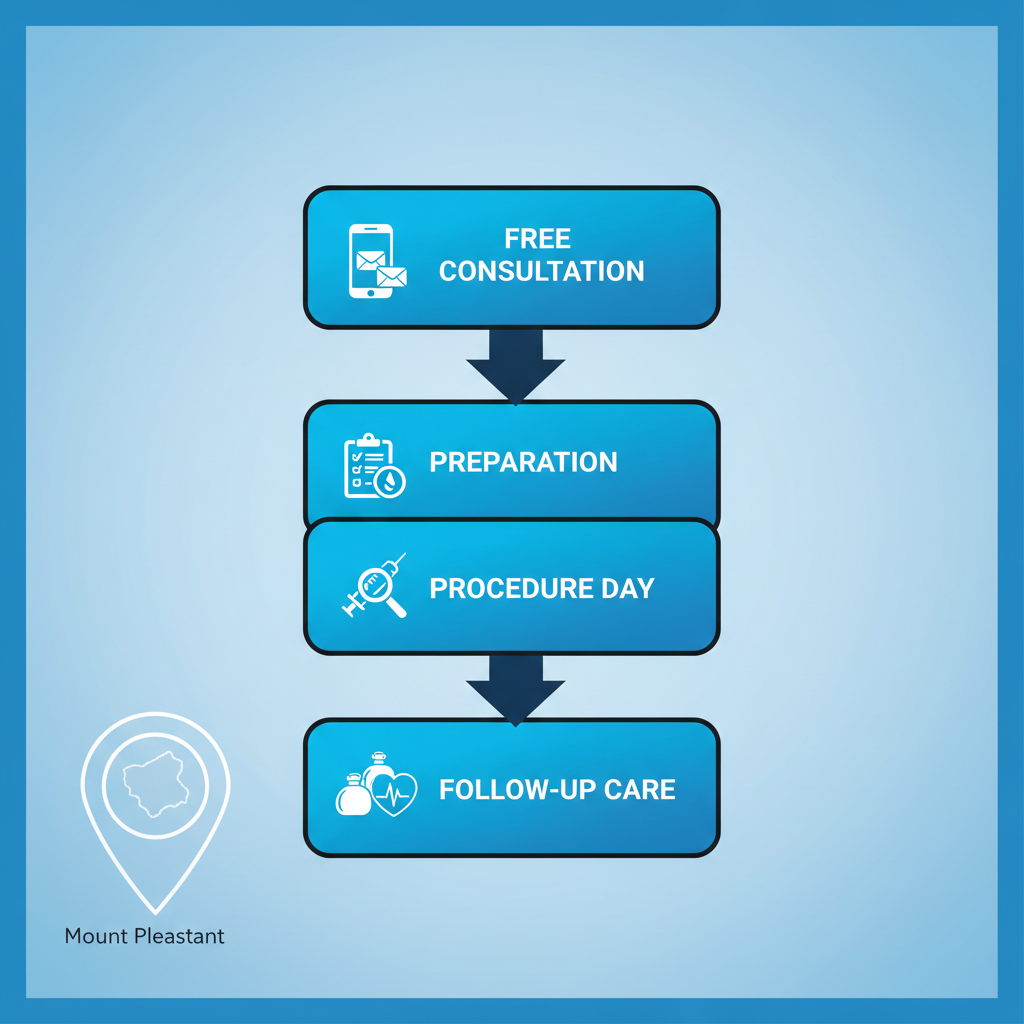 Vertical process flow diagram illustrating four stages of beginning filler treatment: Free Consultation, Preparation, Procedure Day, and Follow-Up Care at Charleston Ketamine Center.
