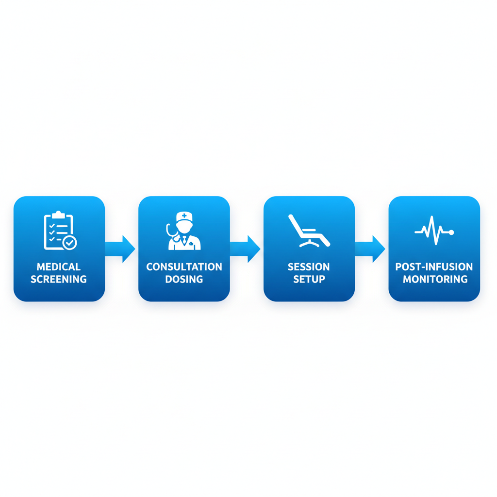 Horizontal process flow diagram illustrating four steps for preparing for first ketamine infusion: medical screening with questionnaire, consultation and dosing plan with doctor, session setup in relaxed environment with chair, and post-infusion monitoring with heartbeat icon.