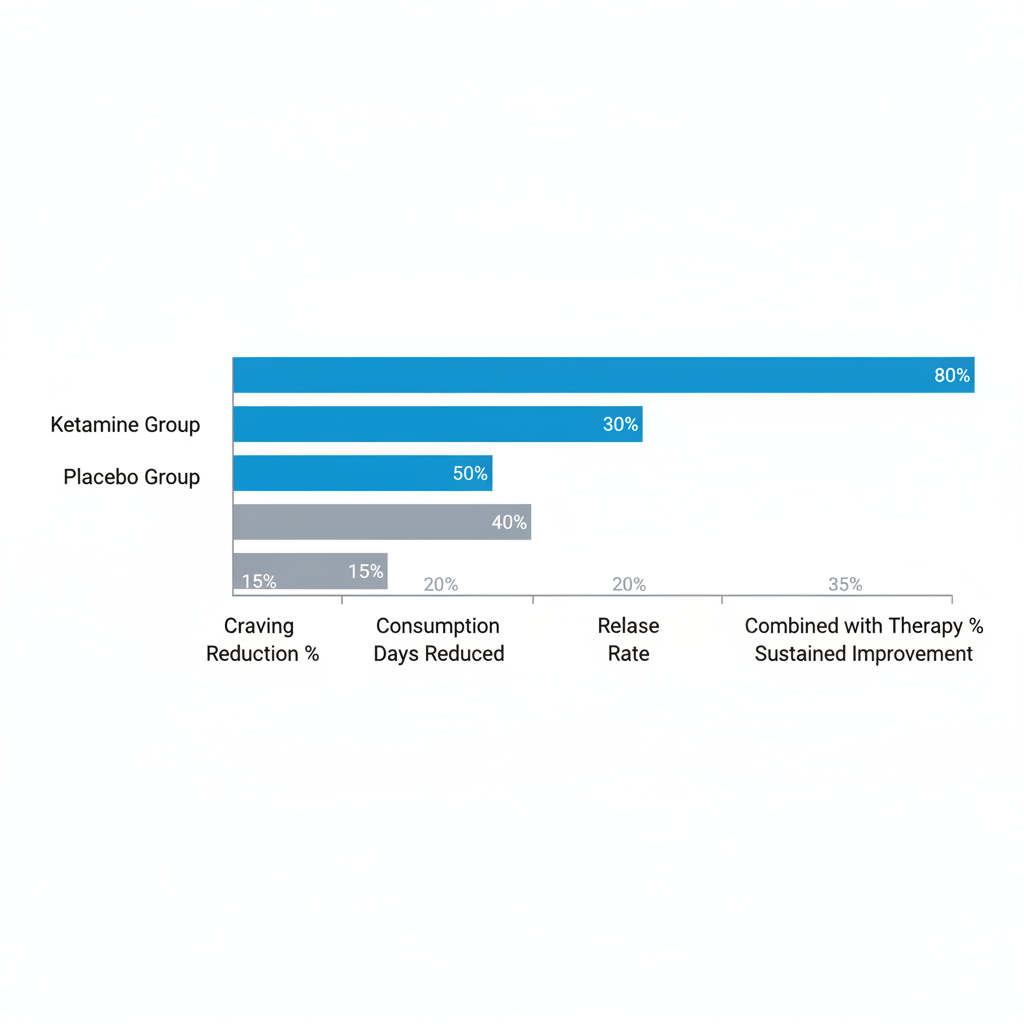 Horizontal bar chart comparing ketamine and placebo efficacy in alcohol use disorder trials, showing improvements in craving reduction, consumption days, relapse rates, and sustained therapy outcomes.