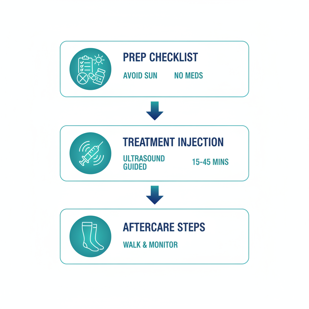 Vertical process flow diagram showing three stages of sclerotherapy for spider veins: preparation checklist, treatment with injections, and immediate aftercare with icons and brief labels.