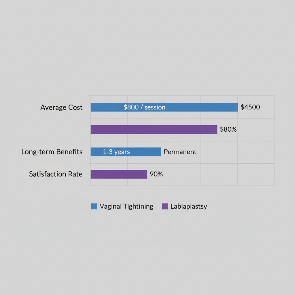 Bar chart comparing costs, long-term benefits, and satisfaction rates for vaginal tightening and labiaplasty procedures