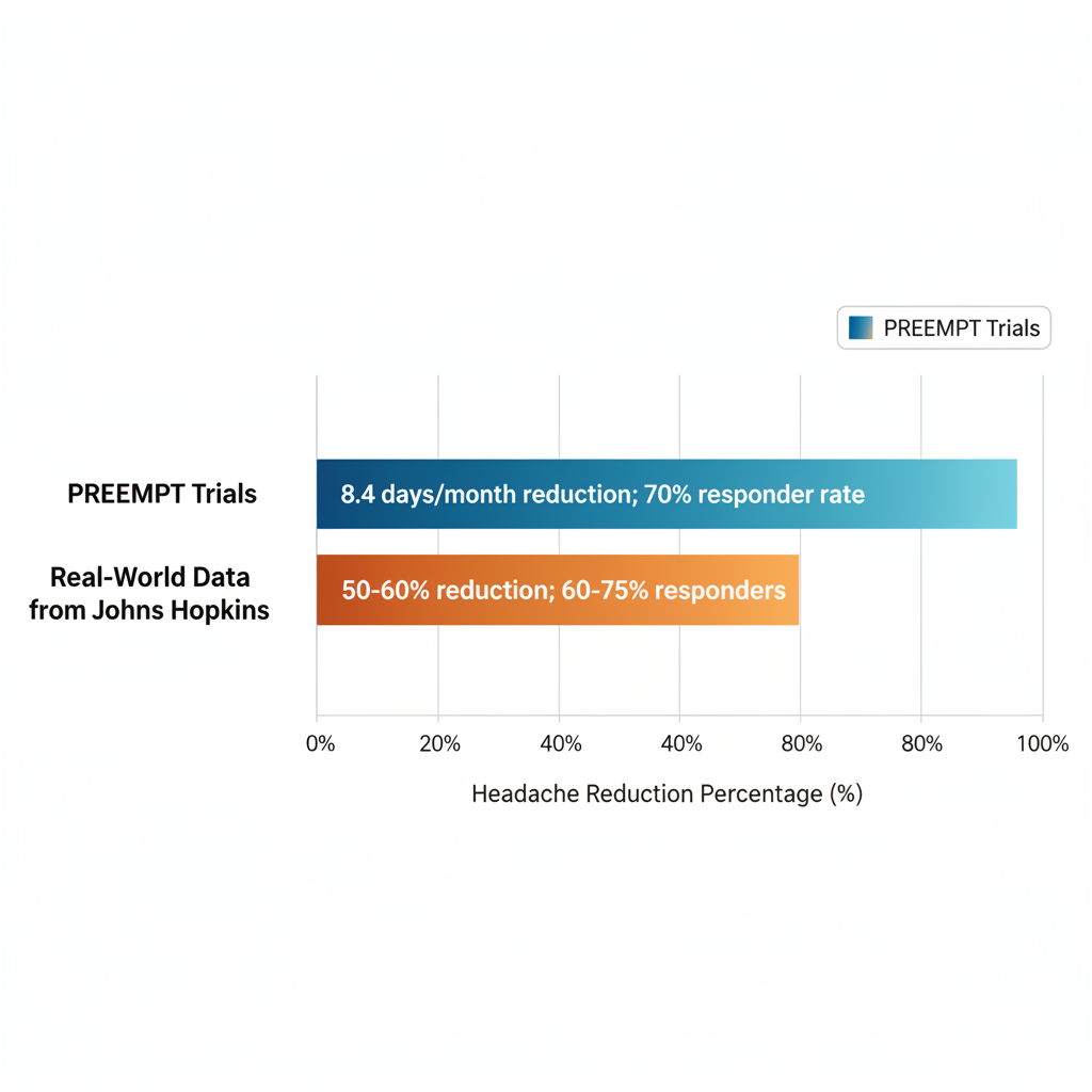 Horizontal bar chart comparing Botox efficacy in PREEMPT trials and real-world data for migraine reduction percentages and responder rates.