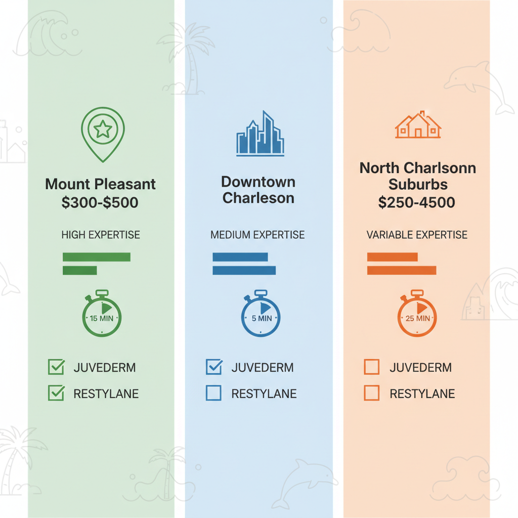 Infographic comparing Botox lip enhancement options, costs, and expertise ratings in Charleston neighborhoods including Mount Pleasant, Downtown, and North Charleston Suburbs.