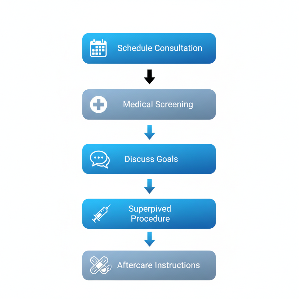 Vertical process flow diagram showing five steps for beginning lip enhancement treatment at Charleston Ketamine Center, including consultation scheduling, screening, goal discussion, procedure, and aftercare.