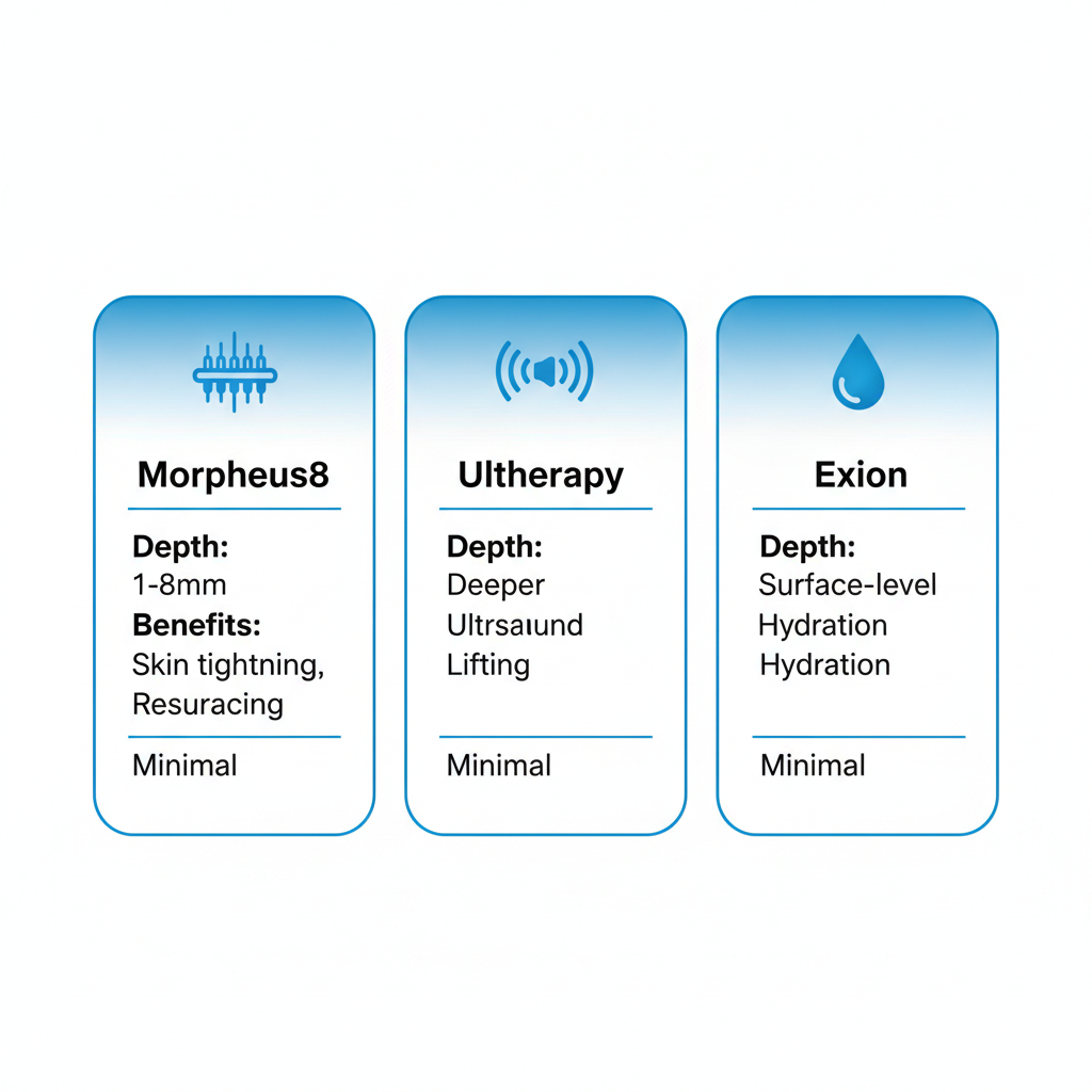 Infographic comparing Morpheus8, Ultherapy, and Exion skin tightening treatments with details on depth, benefits, and downtime