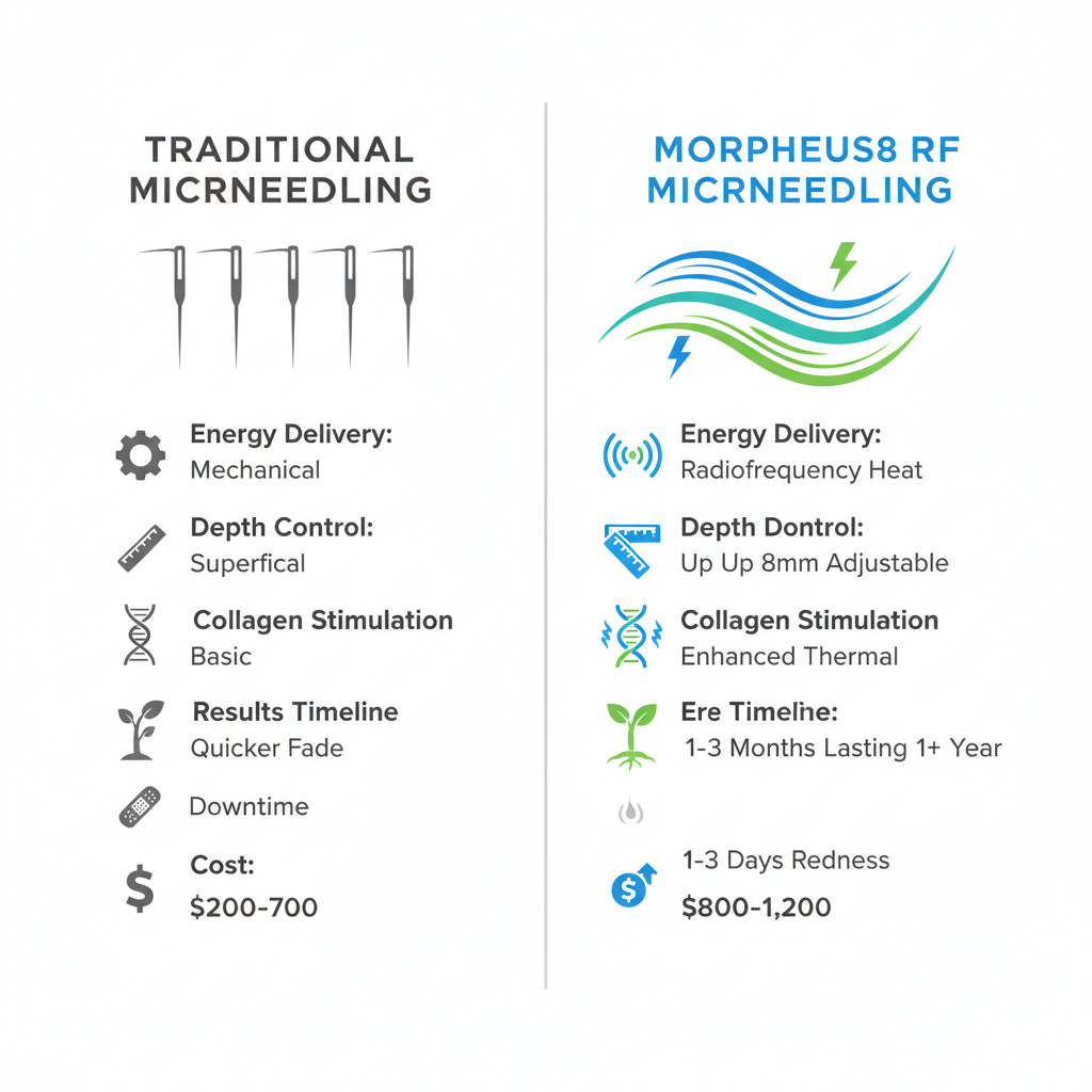 Infographic comparing Morpheus8 RF microneedling technology to traditional microneedling, highlighting differences in energy delivery, depth control, collagen stimulation, results, downtime, and cost.