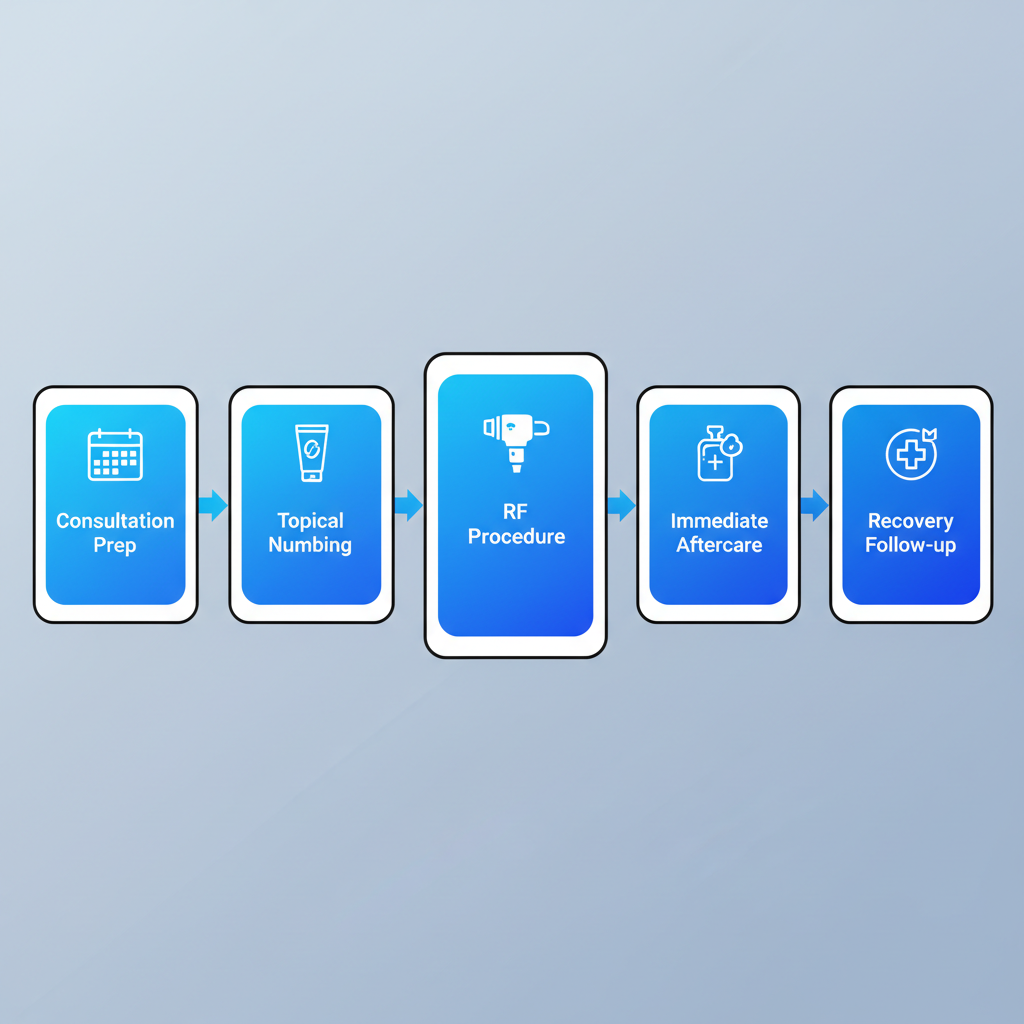 Horizontal process flow diagram illustrating the five stages of a Morpheus8 treatment session with icons and labels