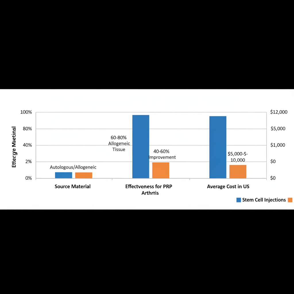Bar chart comparing stem cell injections and PRP therapy for arthritis effectiveness and cost.