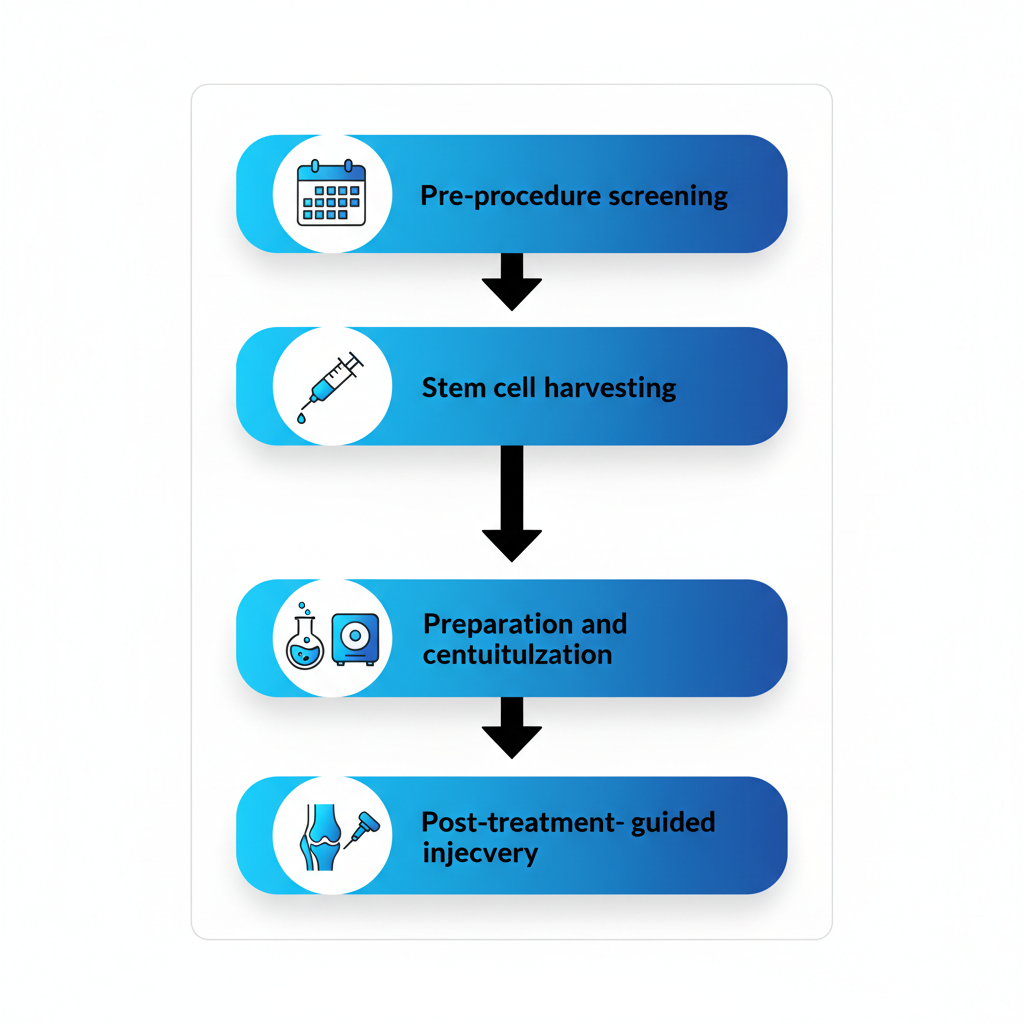 Vertical process flow diagram of stem cell therapy procedure for knees with five stages and icons