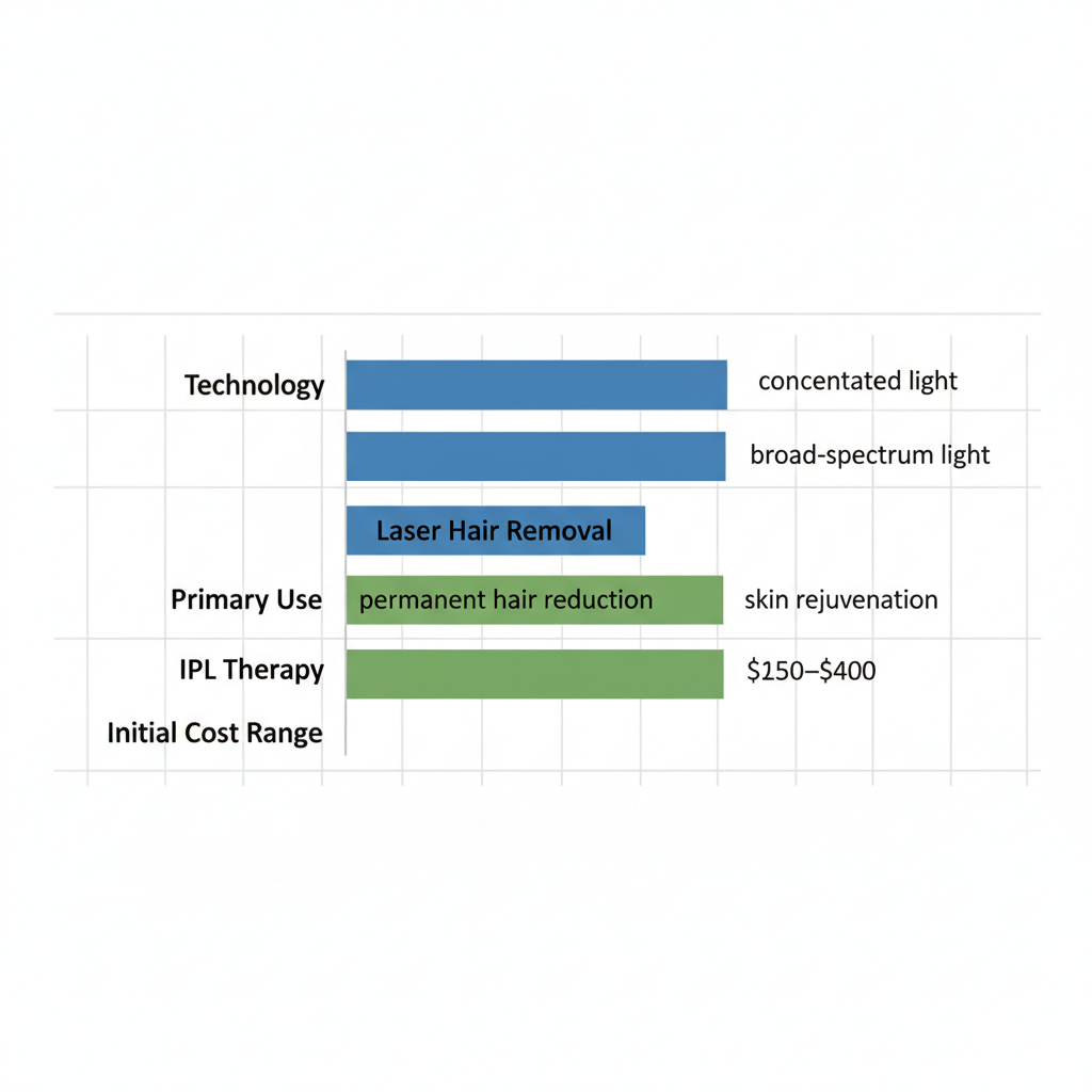 Horizontal bar chart comparing key aspects of laser hair removal and IPL therapy including technology, primary use, and initial cost ranges.