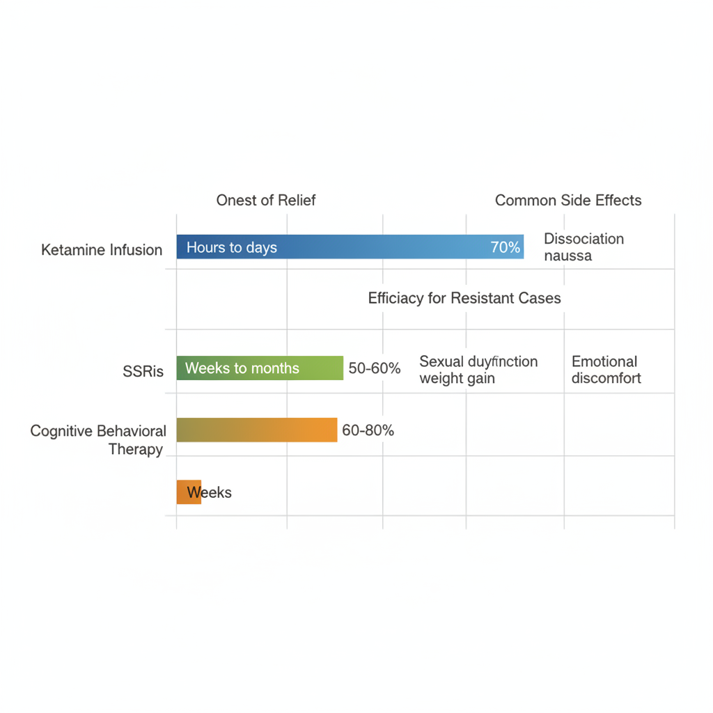 Horizontal bar chart comparing ketamine therapy, SSRIs, and CBT for anxiety treatment across onset, efficacy, and side effects