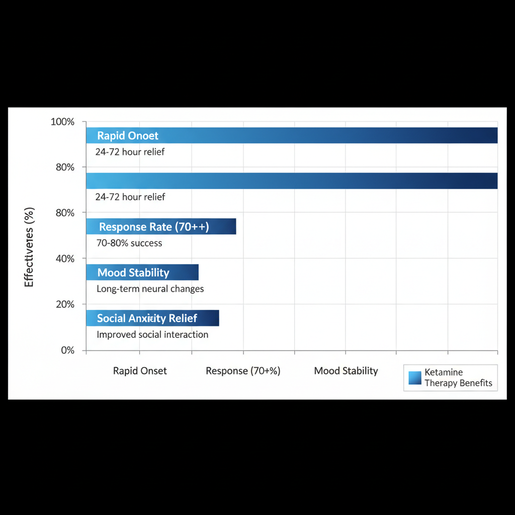 Horizontal bar chart depicting effectiveness of ketamine therapy benefits for anxiety, including rapid onset, high response rate, mood stability, and social anxiety relief.