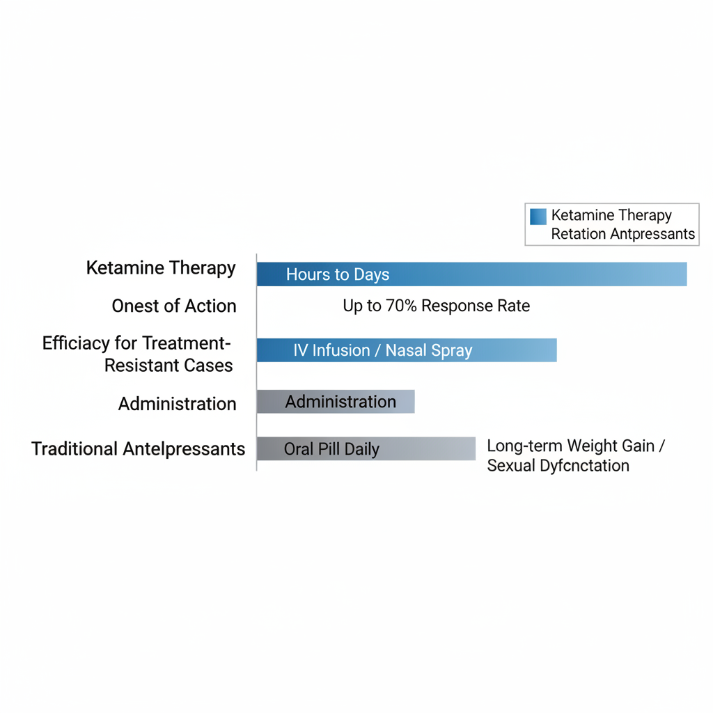 Horizontal bar chart comparing ketamine therapy and traditional antidepressants for depression, showing onset, efficacy, administration, and side effects.