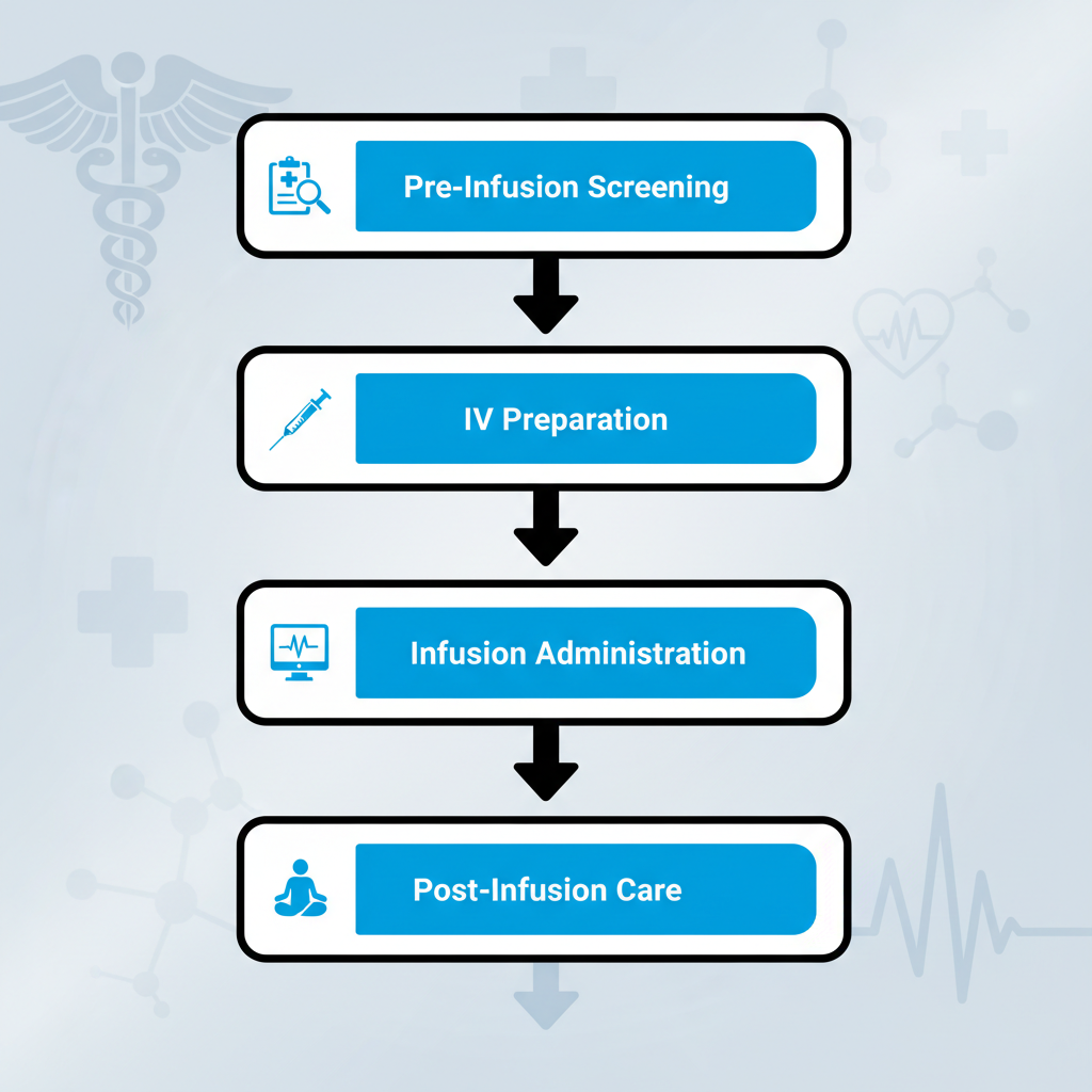 Vertical process flow diagram of ketamine infusion protocols with five stages including screening, preparation, administration, monitoring, and care.