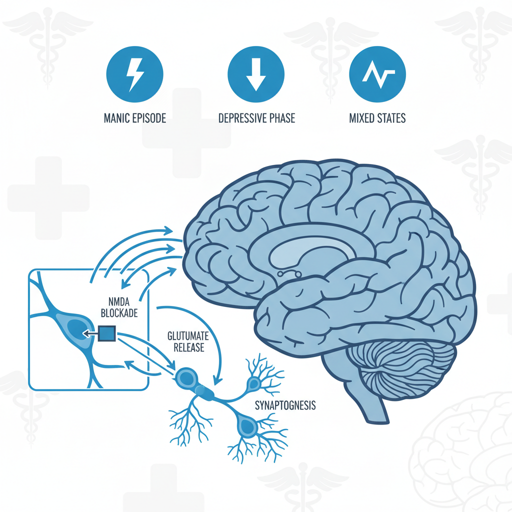 Infographic illustrating bipolar depression symptoms and ketamine therapy mechanism with icons and brain diagram