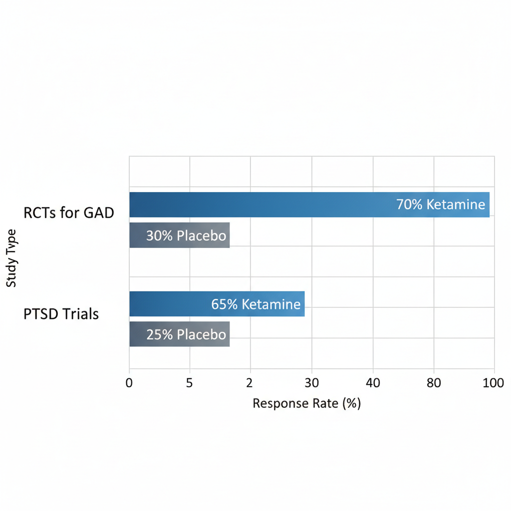 Horizontal bar chart comparing ketamine and placebo response rates in anxiety studies, with ketamine bars higher than placebo.