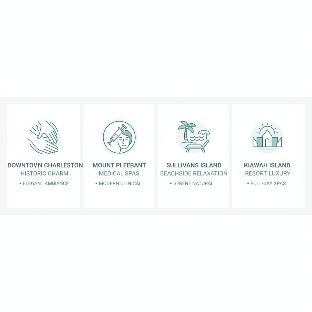 Infographic comparing top spa areas in Charleston, SC: Downtown, Mount Pleasant, Sullivan's Island, and Kiawah Island with icons and key features.