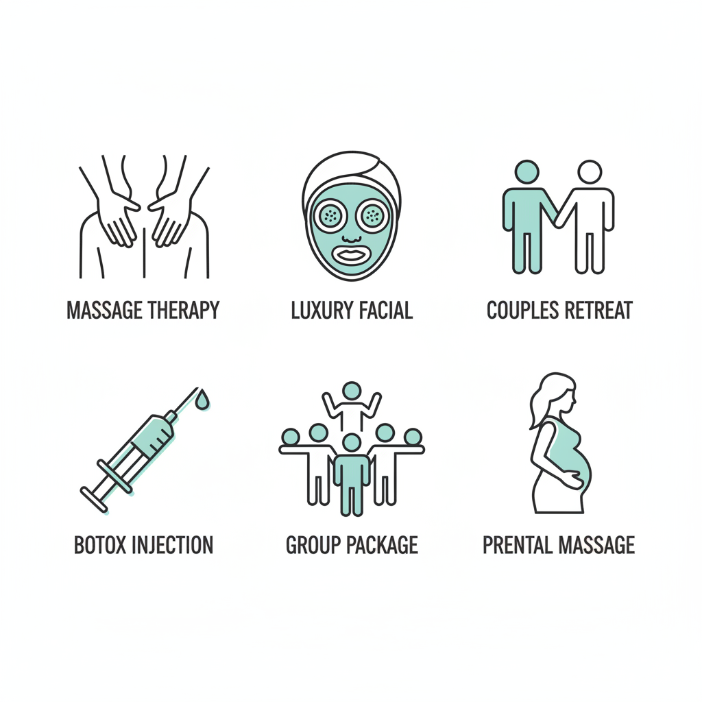 Grid of icons showing spa services including massage, facial, couples treatment, Botox, group package, and prenatal massage.