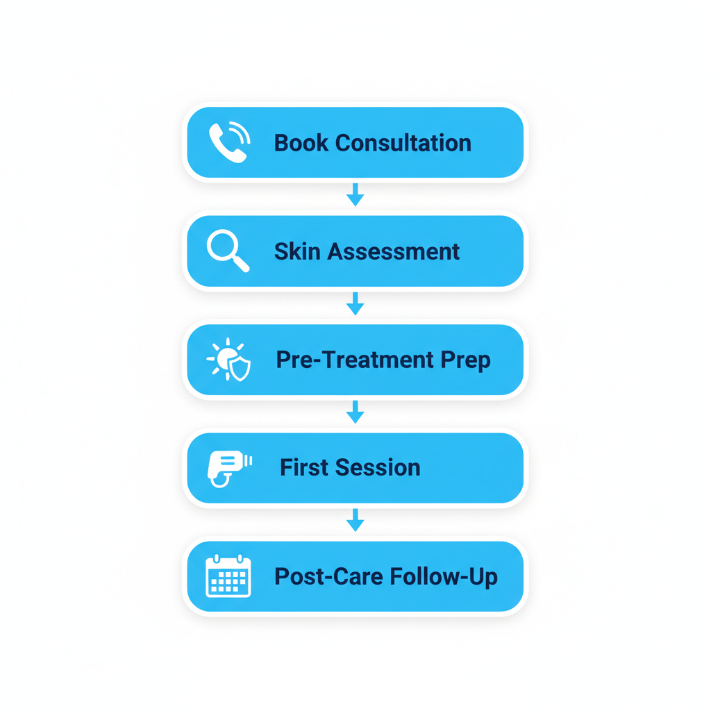 Vertical process flow illustrating five steps to begin laser treatments at Charleston Ketamine Center, featuring icons for consultation, assessment, preparation, session, and follow-up.
