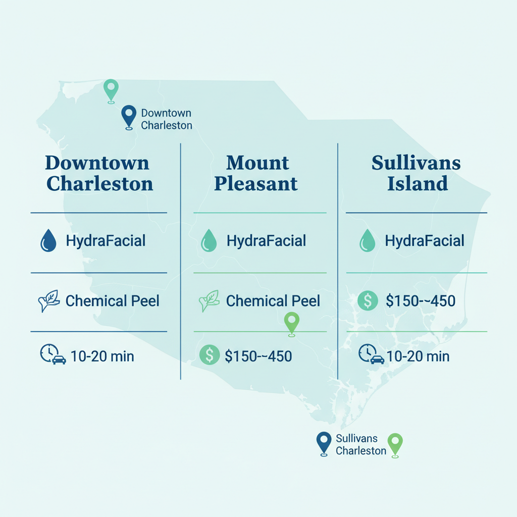 Infographic comparing facial treatment options like HydraFacial and chemical peels in Charleston neighborhoods, showing costs and proximity.