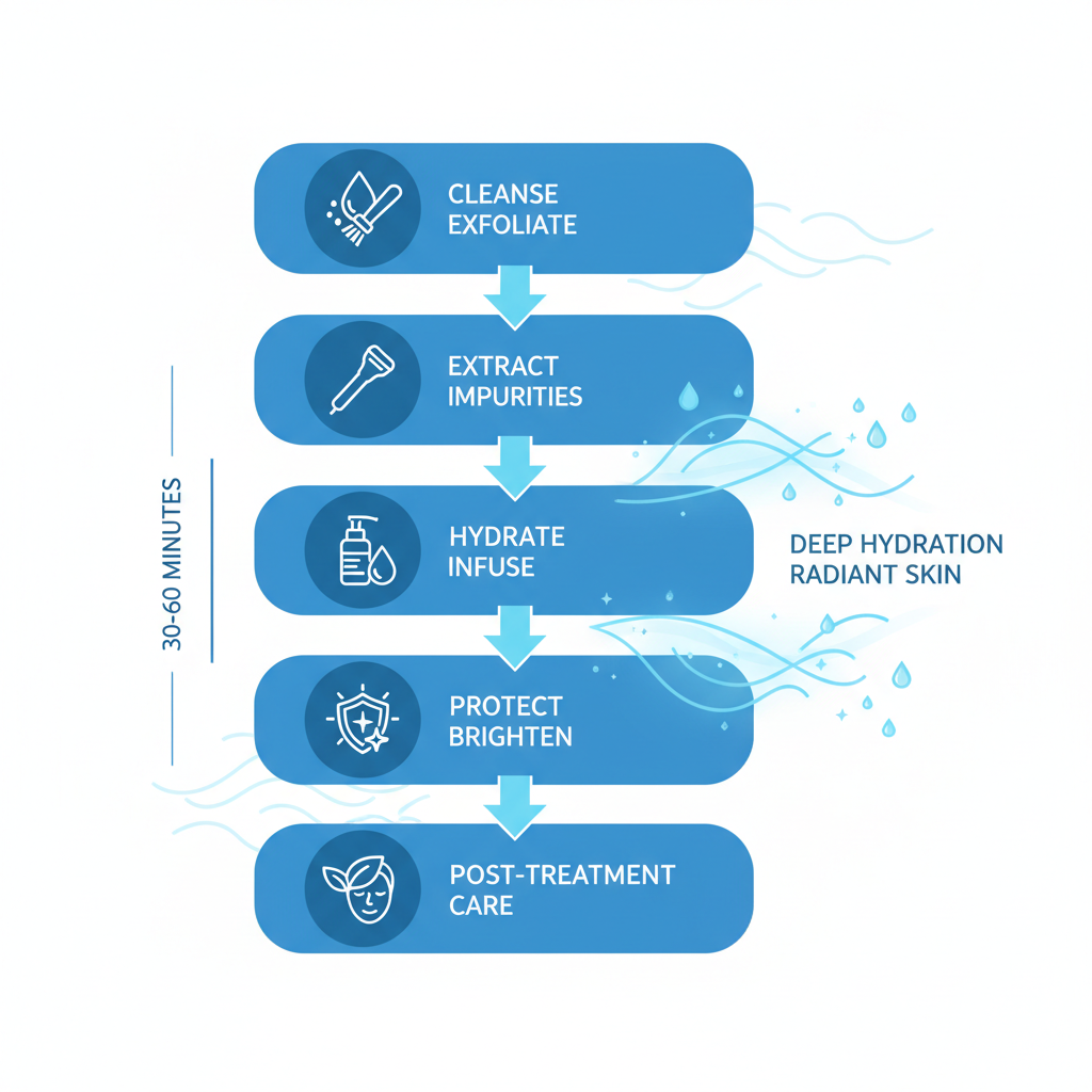 Vertical process flow diagram illustrating the five stages of HydraFacial treatment process with icons and minimal labels.