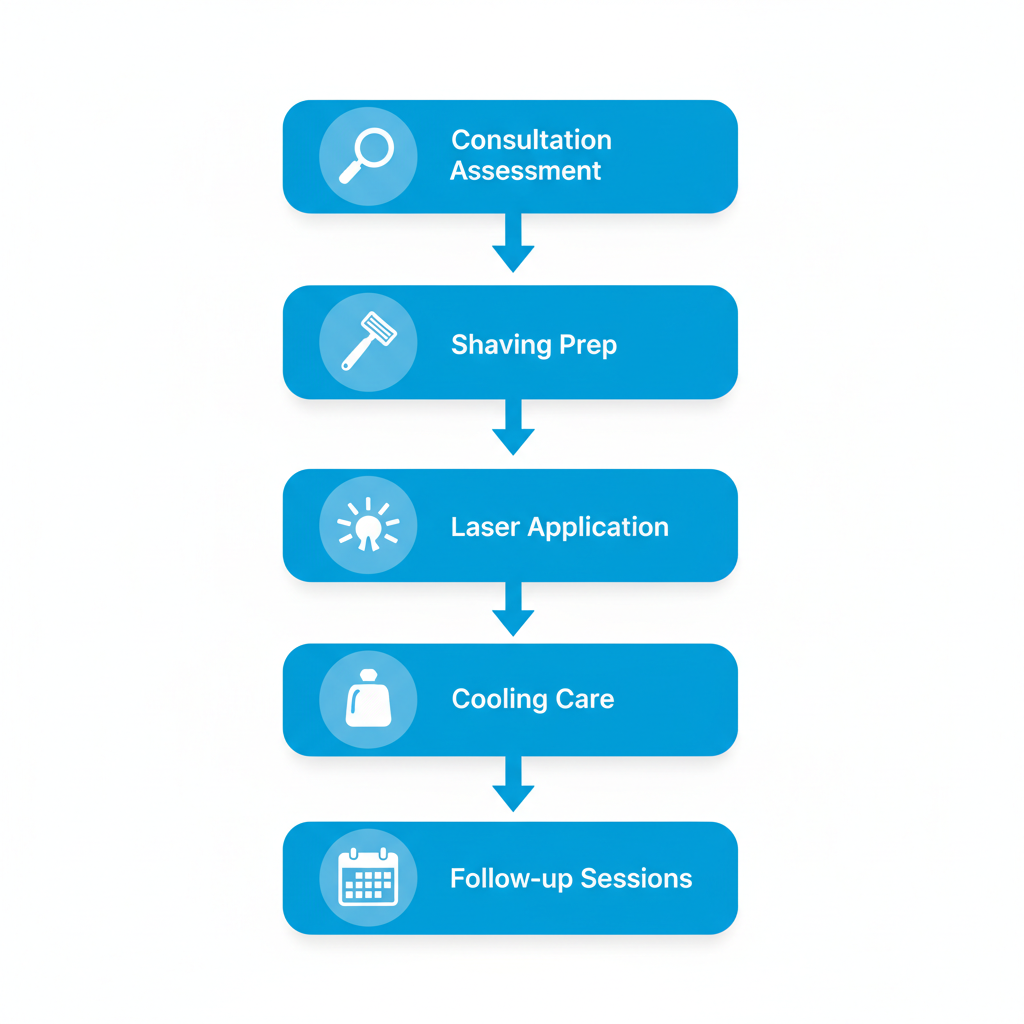 Vertical process flow diagram illustrating the steps of laser hair removal treatment