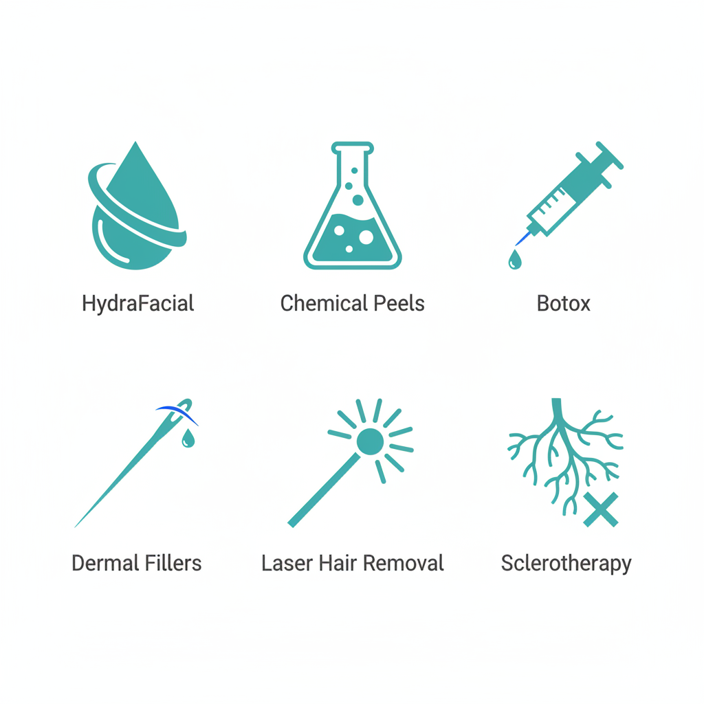 Icons of med spa services including HydraFacial, chemical peels, Botox, dermal fillers, laser hair removal, and sclerotherapy in Charleston