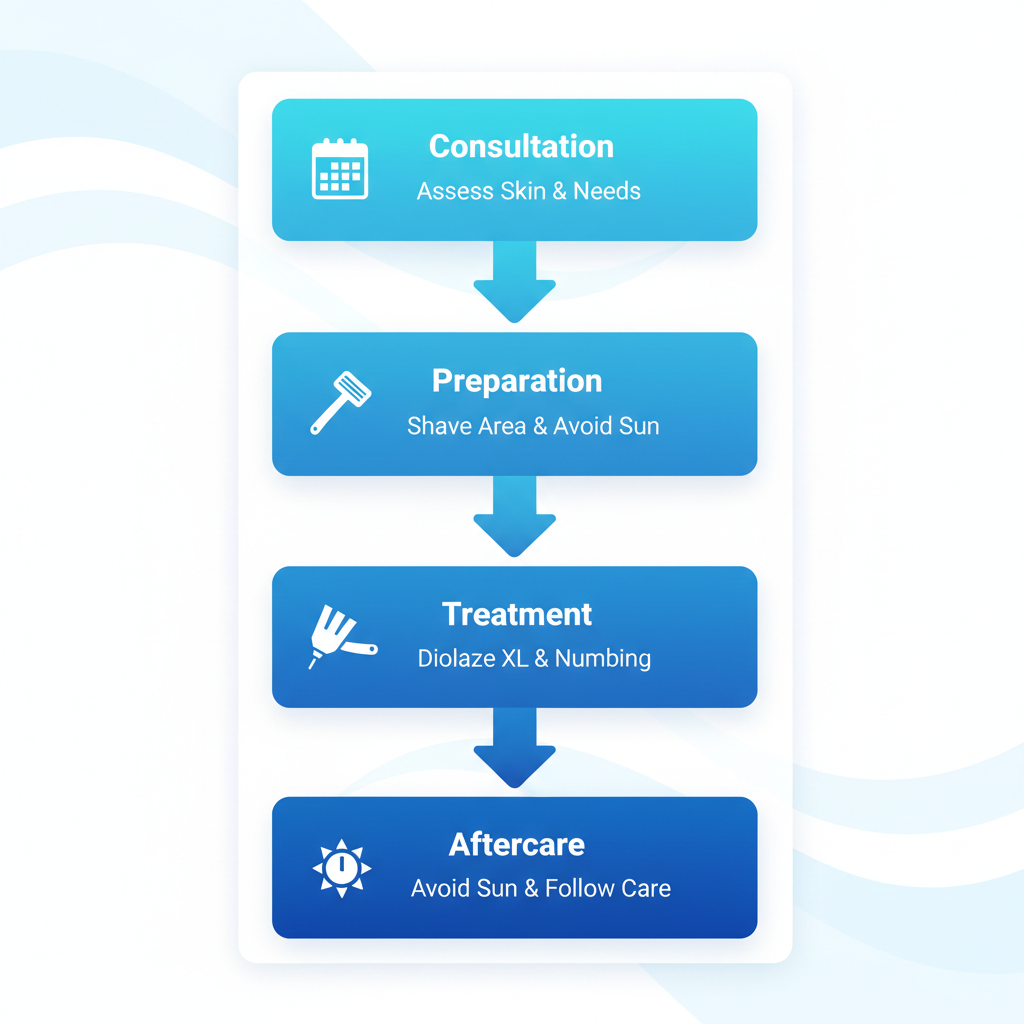 Vertical process flow diagram illustrating the five stages of laser hair removal procedure at Charleston Ketamine Center