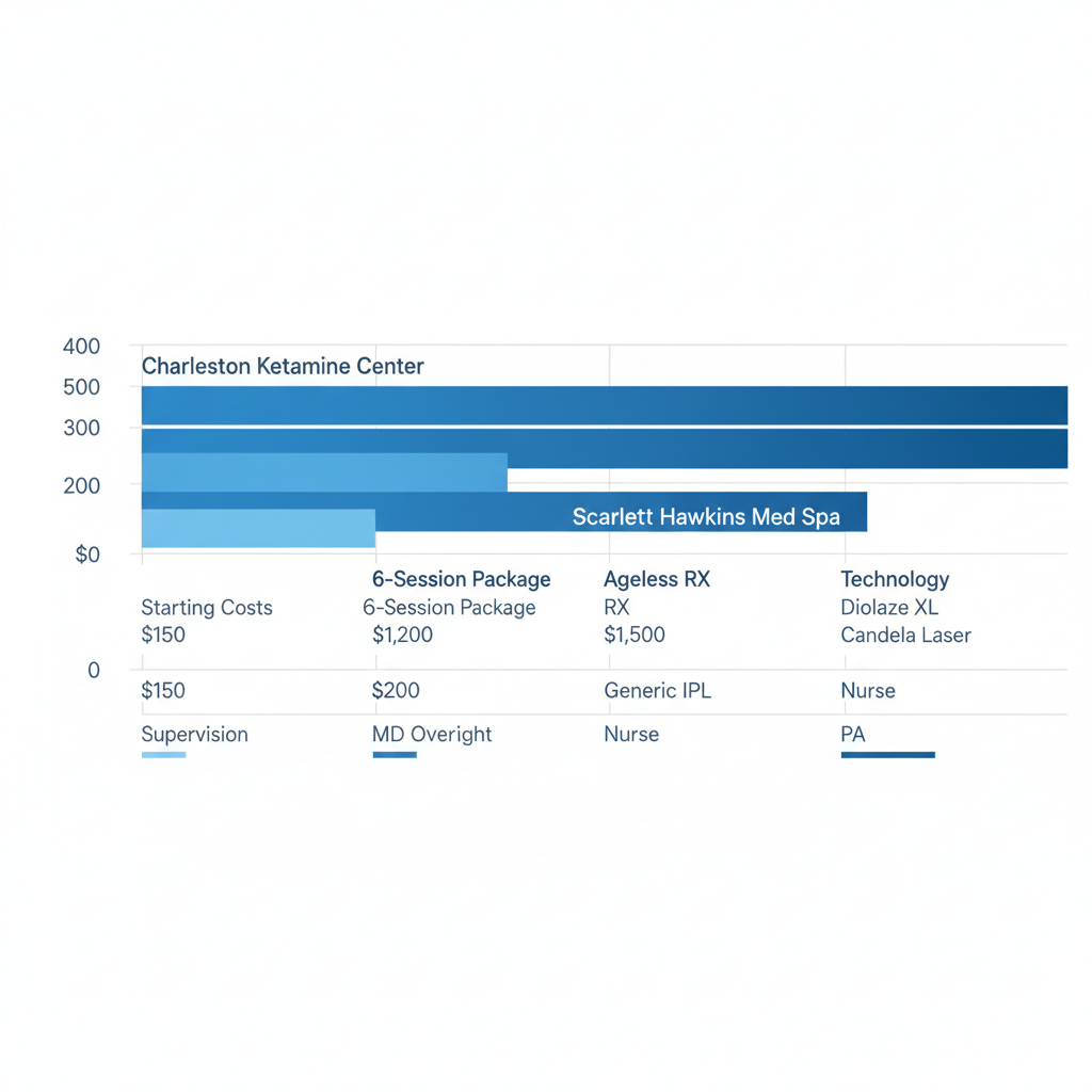 Horizontal bar chart comparing laser hair removal starting costs and package deals for three clinics in Mt. Pleasant area, with technology and supervision details.