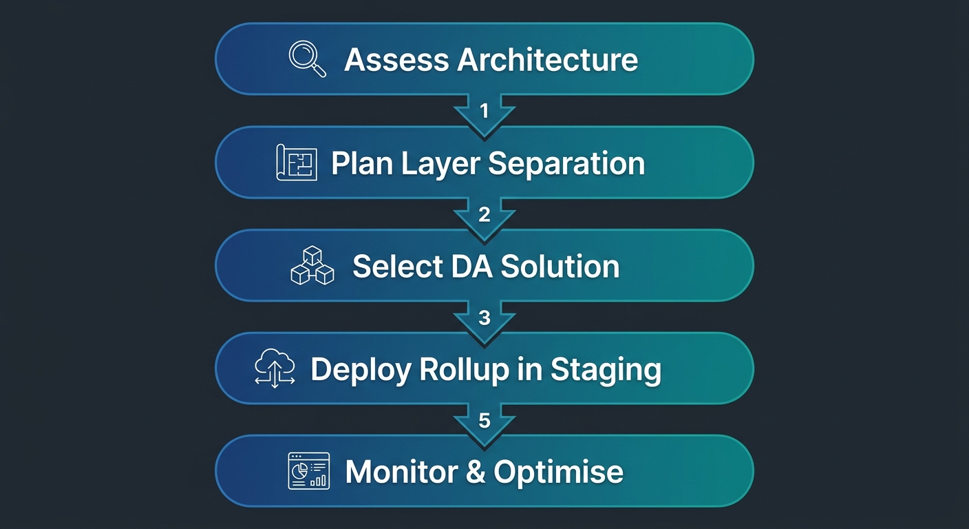 Five-stage vertical process flow diagram depicting modular blockchain migration from monolithic to modular architecture. Stages include Assess Architecture, Plan Layer Separation, Select DA Solution, Deploy Rollup in Staging, and Monitor and Optimise, each with an icon.
