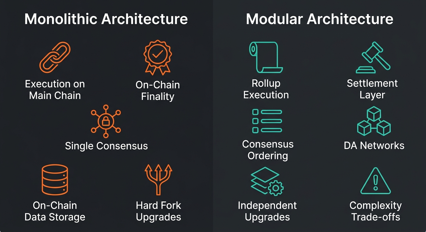 Infographic comparing Monolithic Architecture with five features (Execution on Main Chain, On-Chain Finality, Single Consensus, On-Chain Data Storage, Hard Fork Upgrades) and Modular Architecture with six features (Rollup Execution, Settlement Layer, Consensus Ordering, DA Networks, Independent Upgrades, Complexity Trade-offs) on a dark background with orange outline icons for monolithic and teal outline icons for modular.