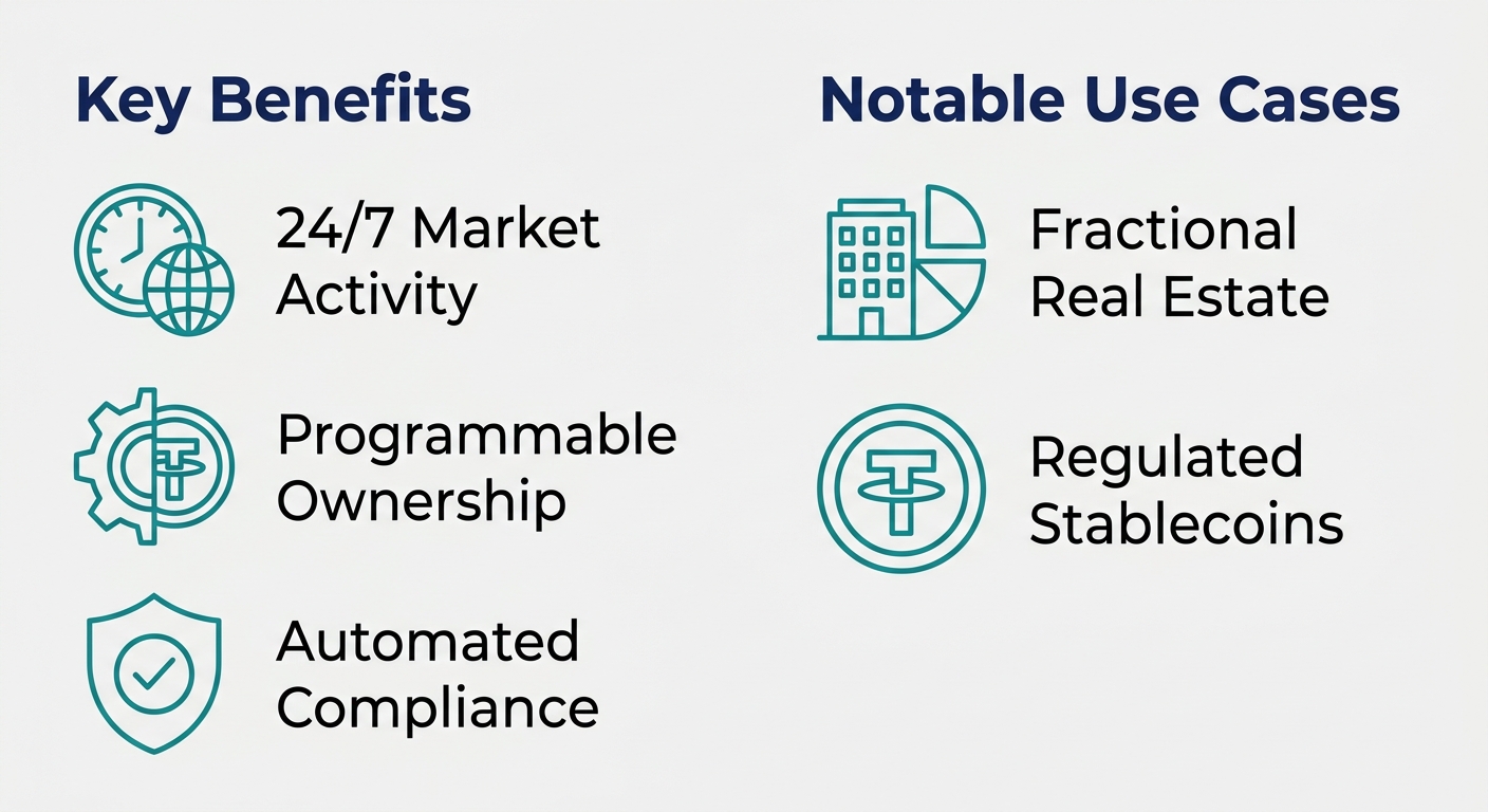 Two-column infographic: Key Benefits (24/7 Market Activity, Programmable Ownership, Automated Compliance) and Notable Use Cases (Fractional Real Estate, Regulated Stablecoins) for real-world asset tokenization.