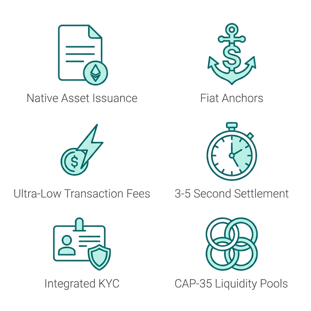 Icon set showing six Stellar network features: Native Asset Issuance, Fiat Anchors, Ultra-Low Transaction Fees, 3-5 Second Settlement, Integrated KYC, and CAP-35 Liquidity Pools, each with a thin teal outline icon and light grey label on white.